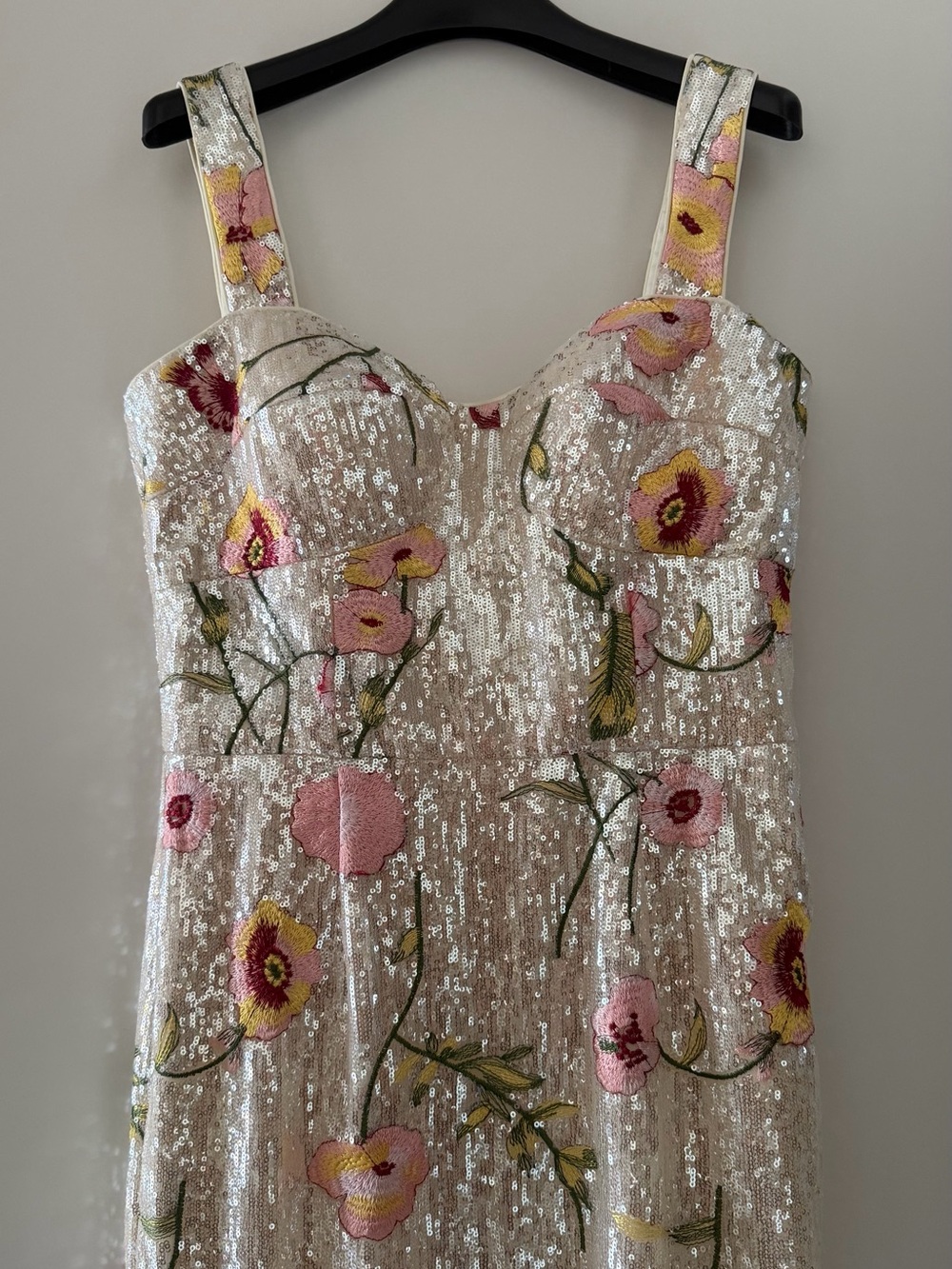 Dress the Population Ivory Sequin Maxi Dress with Pink & Green Floral Embroidery - Picture 2 of 9